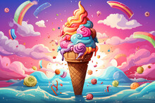 Ice Cream Fantasy, Digital Ice Cream Cone With Colorful Candy Splashes In The Background. Cartoon Illustration Of An Ice Cream Surrounded By Sweets And Candies. Colorful Ice Cream Cone For Advertising