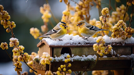 Two yellow birds sit on a bird house in winter