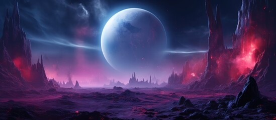 Canvas Print - Illustration of a cold futuristic sci fi landscape with neon lights