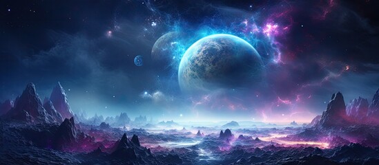 Wall Mural - exotic unknown planet in a neon galaxy portal
