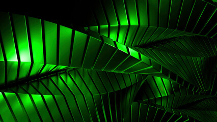 Poster - Green and yellow background. Design. Rectangular parts creating a pattern twisting in different directions in abstraction.