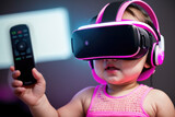 Fototapeta Panele - kid in a virtual reality helmet holding a remote control. generative ai