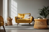 Fototapeta  - Interior design of living room with armchair and yellow plaid Rattan coffee table in room