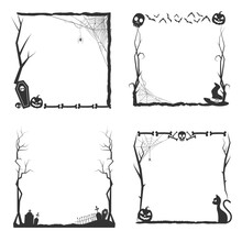 Halloween Silhouette Decorative Frame With Spider Net And Creepy Tree