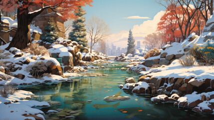 Poster - Illustration of a river running through a snowy forest