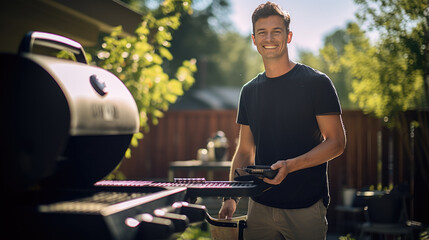 Wall Mural - Man grills food in the backyard of a house