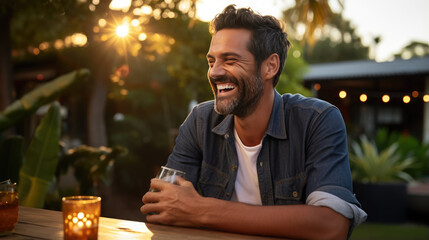 Canvas Print - Smiling man sits at a table during an outdoor evening party in a home's backyard