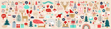 Vector Set Of Christmas Icons. Christmas Tree, Gift Boxes, Bells And Cute Gingerbread Man. Flat Cartoon Colorful Vector Illustration