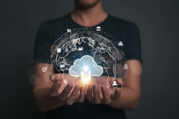 Fototapete - Globe and cloud icons on the hands of a young business woman. Concept of transferring important documents and banking transactions online. technological change concept
