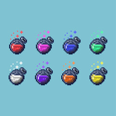 Poster - Pixel art sets of potion medicine with variation color item asset simple bits of health potion on pixelated style 8bits perfect for game asset or design asset element for your game design asset