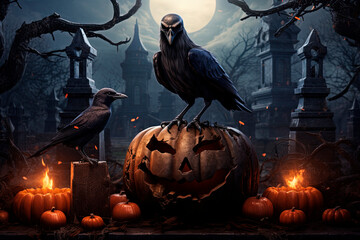 Wall Mural - A crow sitting on top of a tombstone next to a halloween pumpkins. Generative AI