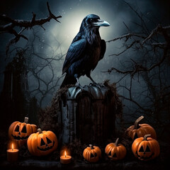 Wall Mural - A crow sitting on top of a tombstone next to a halloween pumpkins. Generative AI