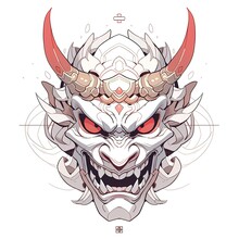 Demon Mask, Tattoo Japanese Culture. Mask Oni On A White Background. Art. Print