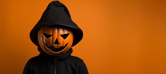 Wall Mural - Happy Halloween greeting card - Man or boy with black hoodie and carved halloween pumpkin, jack-o-lantern head, isolated on orange background