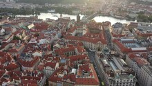 Sunny Aerial Drone View Above Prague Old Town Square. Czech Republic. Summer. Sunset. Tourist Town. City Life.