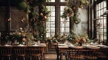 A Dining Room With A Long Table And Lots Of Flowers