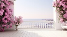 A Balcony With A White Chair And Pink Flowers