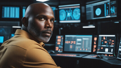 Aufkleber - African American Male Engineer in Data Center, Server-Based Digitalization, IT Tech Guru, Cloud Empowered..