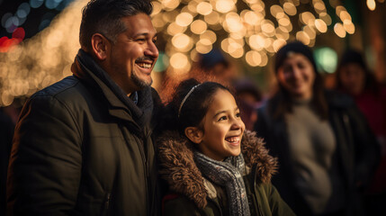 Pareja latina muy feliz celebrando las fiestas navideñas y de año nuevo con luces brillantes viendo por una ventana