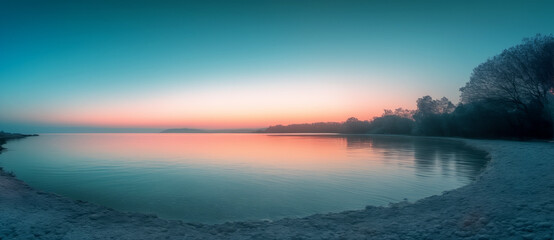 Poster - Minimalist Aqua Gradient Nature Landscape with Orange Sunset Reflection, Perfect for Background Design..