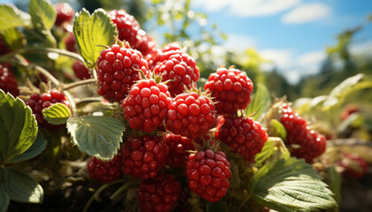 Poster - Freshness of nature leaf, fruit, raspberry, summer, food, plant generated by AI