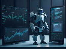 AI Artificial Intelligence Robot Trading Graph Chart EA Expert Advisers Trading Business And Financial Investing Using Digital Technology Computer Coding Typing. Generative AI
