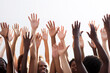 Closeup of multiethnic men and women's hands raising up against white background.