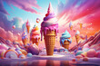 Ice Cream fantasy world, Cartoon illustration of a big ice cream waffle cone surrounded by colorful creamy elements. Creative Ice cream banner advertising concept. Imaginary ice cream world wallpaper.
