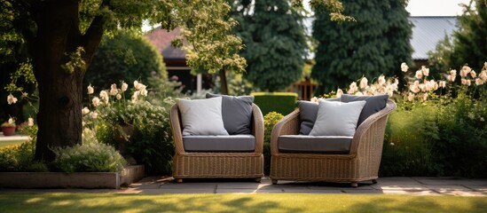 Grey pillows on comfortable wicker furniture in a lovely backyard garden