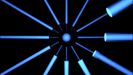 Poster - Black background with blue stripes. Design. A small circle from which blue stripes emanate in 3d format.