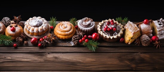 A variety of Christmas desserts and sweets on a rustic wood background Including bundt cake chocolate pie mincemeat tarts cookies fudge and eggnog