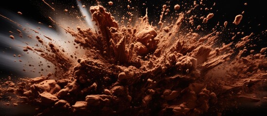 Wall Mural - Coffee grounds and beans exploding with espresso splash on black backdrop