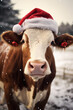 A farm cow wearing Santa Claus hat ion snowy winter background.