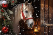 A white horse in a stable decorated for Christmas.