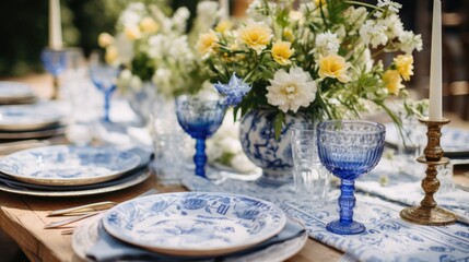 Sticker - A table set with blue and white plates and glasses