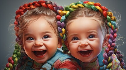 Wall Mural - Two little girls with colorful braids on their heads