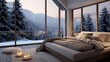 A bedroom with a view of a snowy mountain