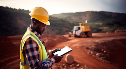 Wall Mural - A young Black African mining construction worker with a digital tablet in an open pit quarry