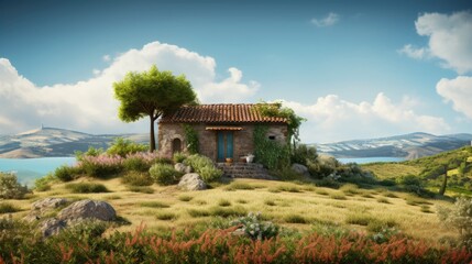 Wall Mural - A small house on a hill with a lake in the background