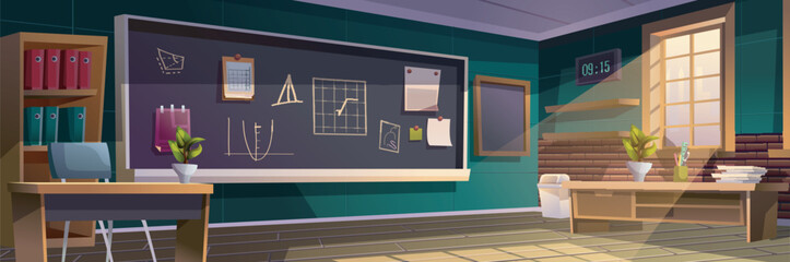 Poster - Classroom background banner in flat cartoon design. School class interior poster with teacher table, students desks and seats, chalkboard, placards on wall, window with daylight. Vector illustration