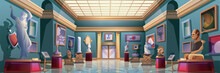 Museum Background Banner In Flat Cartoon Design. Exhibition Room Interior Poster With Ancient Statues And Sculptures, Masks And Vases On Pedestals, Paintings On Wall, Marble Floor. Vector Illustration
