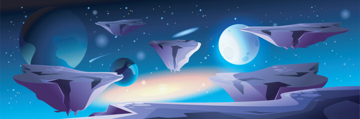Poster - Astronaut at space background banner in flat cartoon design. Cosmos fantasy poster with spaceman in spacesuit walking at cosmic surface with mountains and purple planet view. Vector illustration