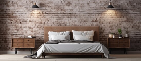 Poster - Bedroom with bed near brick wall