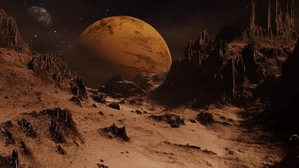 Wall Mural - Alien planet dramatic landscape dolly camera movement 3D render.