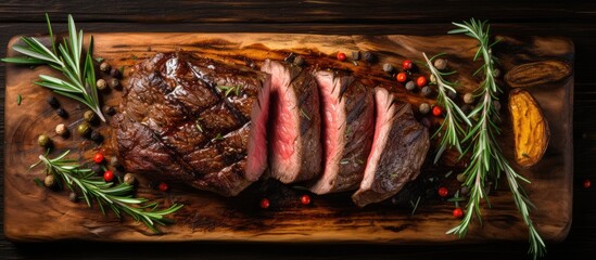 Poster - Grilled medium rare steak on wooden board viewed from top