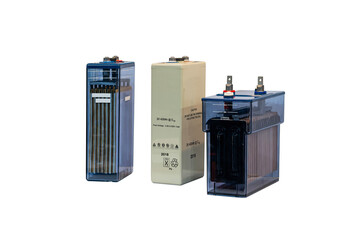 various type tubular gel battery (solid state) for many application use such as solar power system electronic instrument power plant and distribution station etc. isolated on white with clipping path