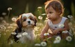 Curiosity and companionship between a toddler and a puppy in a field of daisies