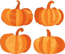 Vector Illustration Of Orange Pumpkins Isolated On White Background, In A Geometrical Patchwork  Style