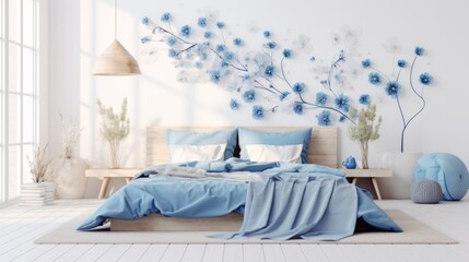 Wall Mural - A bedroom with a bed and a blue blanket