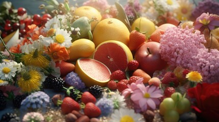 Poster - A bunch of fruit and flowers on a table